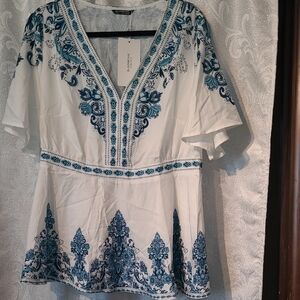 Embroidered White and Blue Women's Top